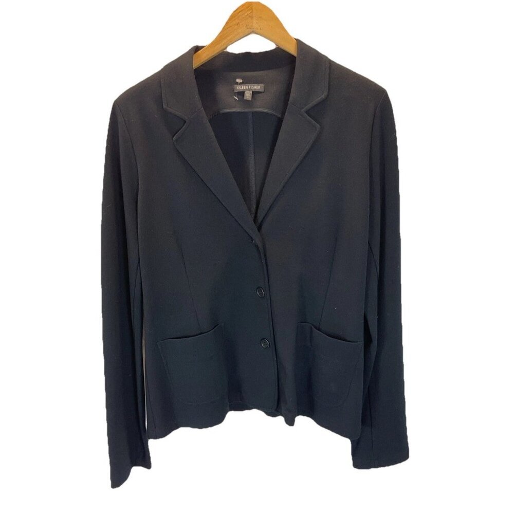 Eileen Fisher Size S Jacket Blazer Black knit Stretch pockets career stretch